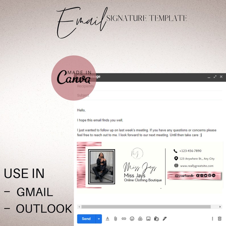 May include: Email signature template with a pink and gold design. The signature includes a photo of a woman wearing a black leather jacket, the text "Miss Jays", "Miss Jays Online Clothing Boutique", a phone number, an address, a website address, and social media icons.