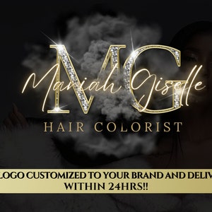Puede incluir: Un logotipo dorado y de diamantes con el texto "M.G. Mariah Giselle Hair Colorist" sobre un fondo negro con una nube blanca detrás del logotipo. El texto "THIS LOGO CUSTOMIZED TO YOUR BRAND AND DELIVERED WITHIN 24HRS!!" está en la parte inferior de la imagen.