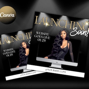 May include: A black and gold graphic announcing a website launch on January 25th. The graphic features a woman with long black hair in front of a computer screen. The text "LAUNCHING Soon!" is in gold letters with a spotlight effect. The text "WEBSITE GOES LIVE 01/25!" is in white letters on a black background.