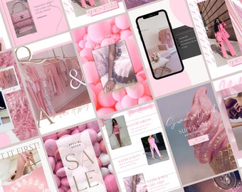 May include: A collection of pink and white social media graphics for a clothing brand. The graphics feature images of clothing, accessories, and text that says "Our New Collection", "Special Offer", "Summer Break Super Sale", "Satin Dress", "Satin Pants", "Satin Jewel Cut-Out", "Give Away", "Save The Date", "It First!" and "Black Friday".