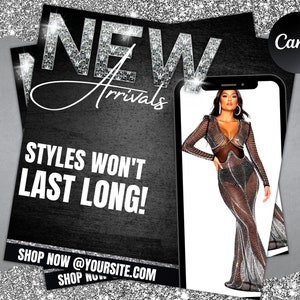DIY Social Media Flyer| New Arrivals Black and Silver Glam Editable in Canva| Ecommerce, Instagram Boutique Flyer Template| Beauty Ig Feed