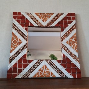 Squared mirror 38cm decorated in mosaics red - orange - white