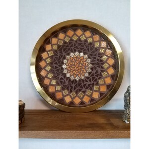 Golden tray 38cm decorated in mosaic coriander orange - gold - beige