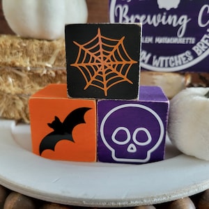 Distressed Halloween Wooden Blocks/Halloween Decor/Tiered Tray Decor/Shelf Decor/Halloween/Bat/Spider Web/Skull/Farmhouse Decor/Black/Orange