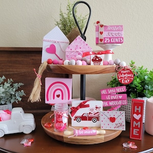 Valentine&#39;s Day Tiered Tray Decor Bundle, Tiered Tray Decor, Rustic Decor, Valentine&#39;s Decor, Beaded garland, Love, Home Decor, Be mine,Wood