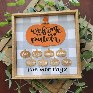 Welkom bij ons patchbord, plankoppas, decor gelaagd dienblad, herfsthuisdecoratie, houten herfstbord, bord familienaam, boerderij, pompoenbord