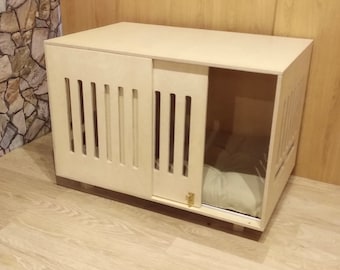 Modern dog crate with sliding door with a latch. Dog kennel, dog house, dog bed, indoor dog house, dog furniture, dog cage. Natural wood.