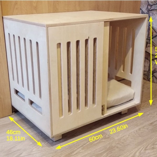 Modern dog crate with sliding door with a latch. Dog kennel, dog house, dog bed, indoor dog house, dog furniture, dog cage. Natural wood.