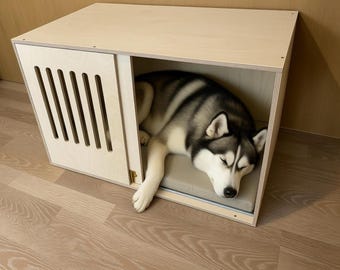 Jaula para perros de abedul báltico: caseta con puerta corredera, para uso en interiores.