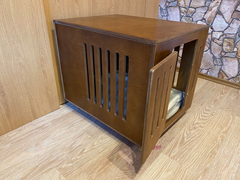 Image showcasing Modern Wooden Dog Crate: Small Indoor Kennel With Hinged Door - Etsy