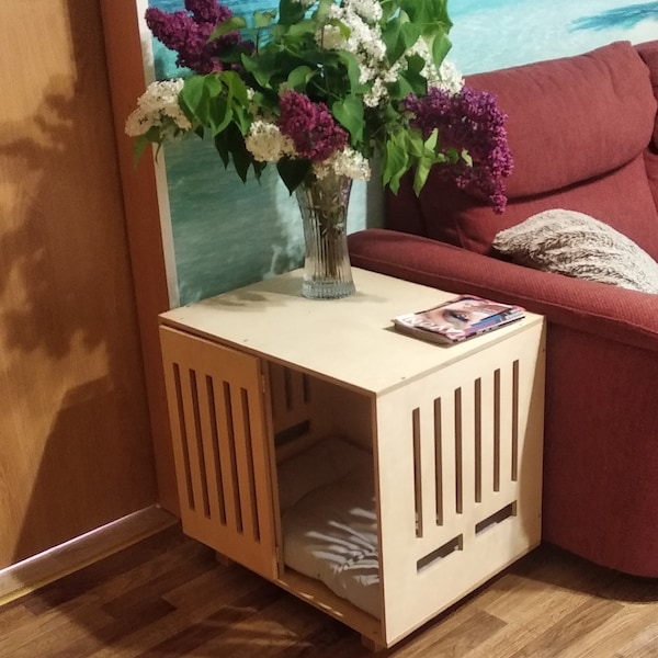 Modern Wood Dog Crate: Indoor Kennel with Hinged Door.