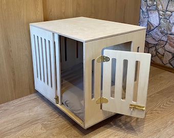 Modern dog crate with sliding door with a latch. Dog kennel, dog house, dog bed, indoor dog house, dog furniture, dog cage. Natural wood.