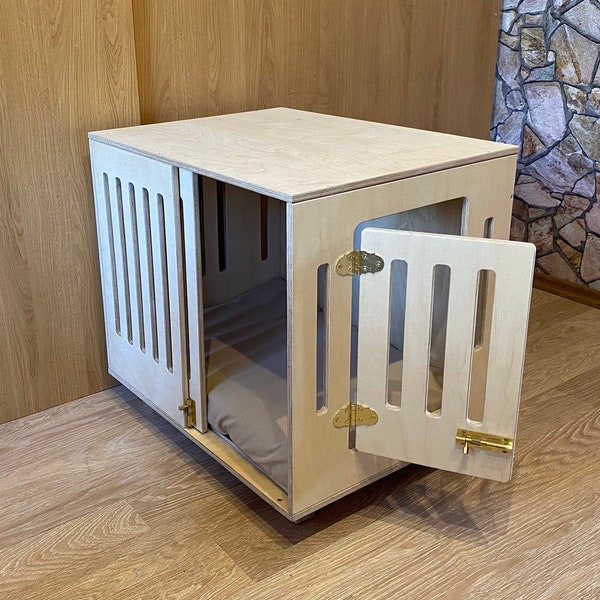 Modern dog crate with sliding door with a latch. Dog kennel, dog house, dog bed, indoor dog house, dog furniture, dog cage. Natural wood.