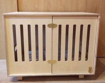 Modern dog crate with hinged door with a latch. Dog kennel, dog house, dog bed, indoor dog house, dog furniture, dog cage. Natural wood.