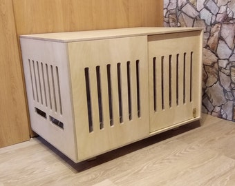 Modern dog crate with sliding door with a latch. Dog kennel, dog house, dog bed, indoor dog house, dog furniture, dog cage. Natural wood.