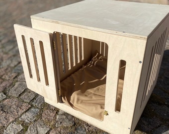 Modern dog crate with hinged door with a latch. Dog kennel, dog house, dog bed, indoor dog house, dog furniture, dog cage. Natural wood.