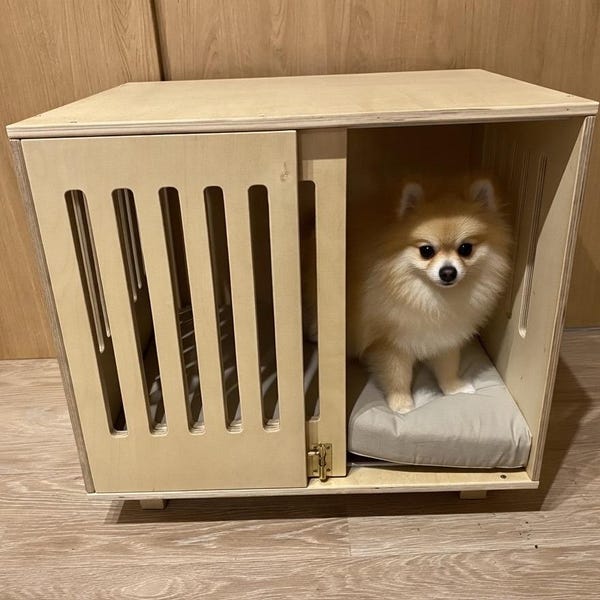 Baltic Birch Dog Crate: Indoor use with Sliding Door.