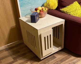 Modern dog crate with hinged door with a latch. Dog kennel, dog house, dog bed, indoor dog house, dog furniture, dog cage. Natural wood.