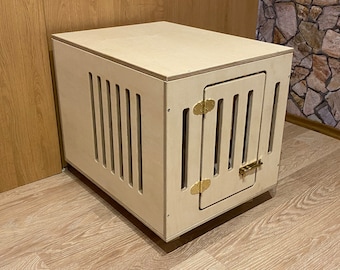 Modern dog crate with hinged door with a latch. Dog kennel, dog house, dog bed, indoor dog house, dog furniture, dog cage. Natural wood.