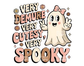 Könnte beinhalten: Ein süßer Cartoon-Geist mit einer rosa Schleife und Friedenszeichen, umgeben von rosa Blumen. Der Text lautet "Very Demure, Very Cutesy, Very Spooky".