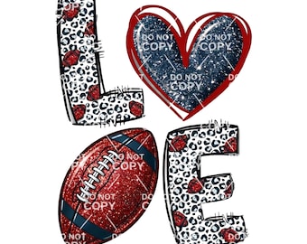 Puede incluir: Un diseño gráfico que deletrea "LOVE" con un balón de fútbol y un corazón. Las letras "L" y "E" tienen un estampado de leopardo en blanco y negro con acentos de corazón rojo. La "O" es un corazón con contorno rojo con un interior azul oscuro brillante. La "V" es un balón de fútbol con purpurina roja.