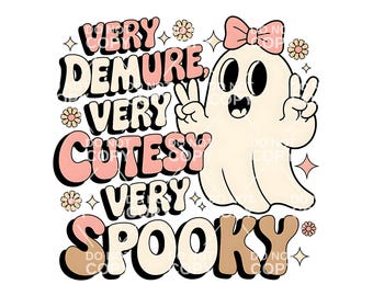 Könnte beinhalten: Ein süßer Cartoon-Geist mit einer rosa Schleife, Friedenszeichen und dem Text "Very Demure, Very Cutesy, Very Spooky" in rosa und braunen Buchstaben.