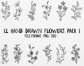Vildblommor SVG-paket, handritad blomma, blommig, blommor, botanisk blomma, blommig svg, blomma svg, vildblomma, blombukett svg