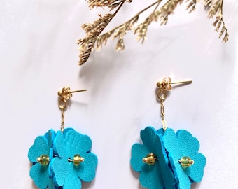 Boucles d’oreilles Coquelicot en cuir turquoise, or
