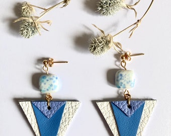 Boucles d’oreilles triangles en cuir blanc, bleu et lilas, or