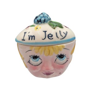 Nasco I'm Jelly Anthropomorphic Blonde Pixie Ceramic Condiment Jar Kitsch