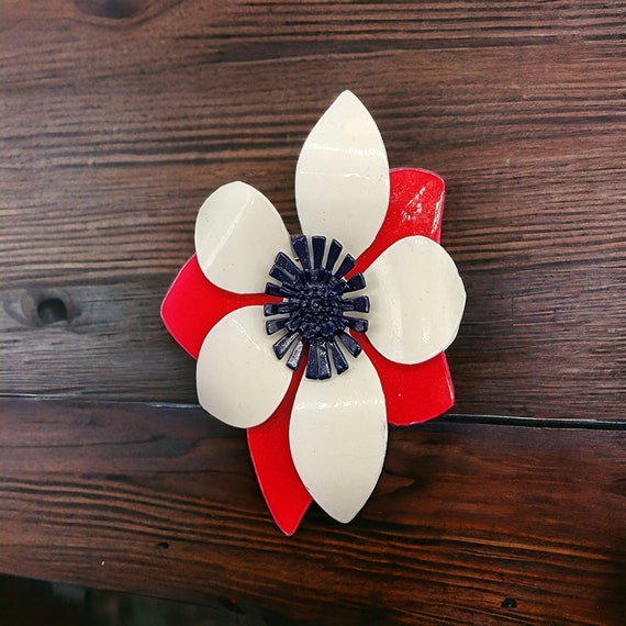 Vintage Red White Blue Enamel Flower Brooch Pin P… - image 1