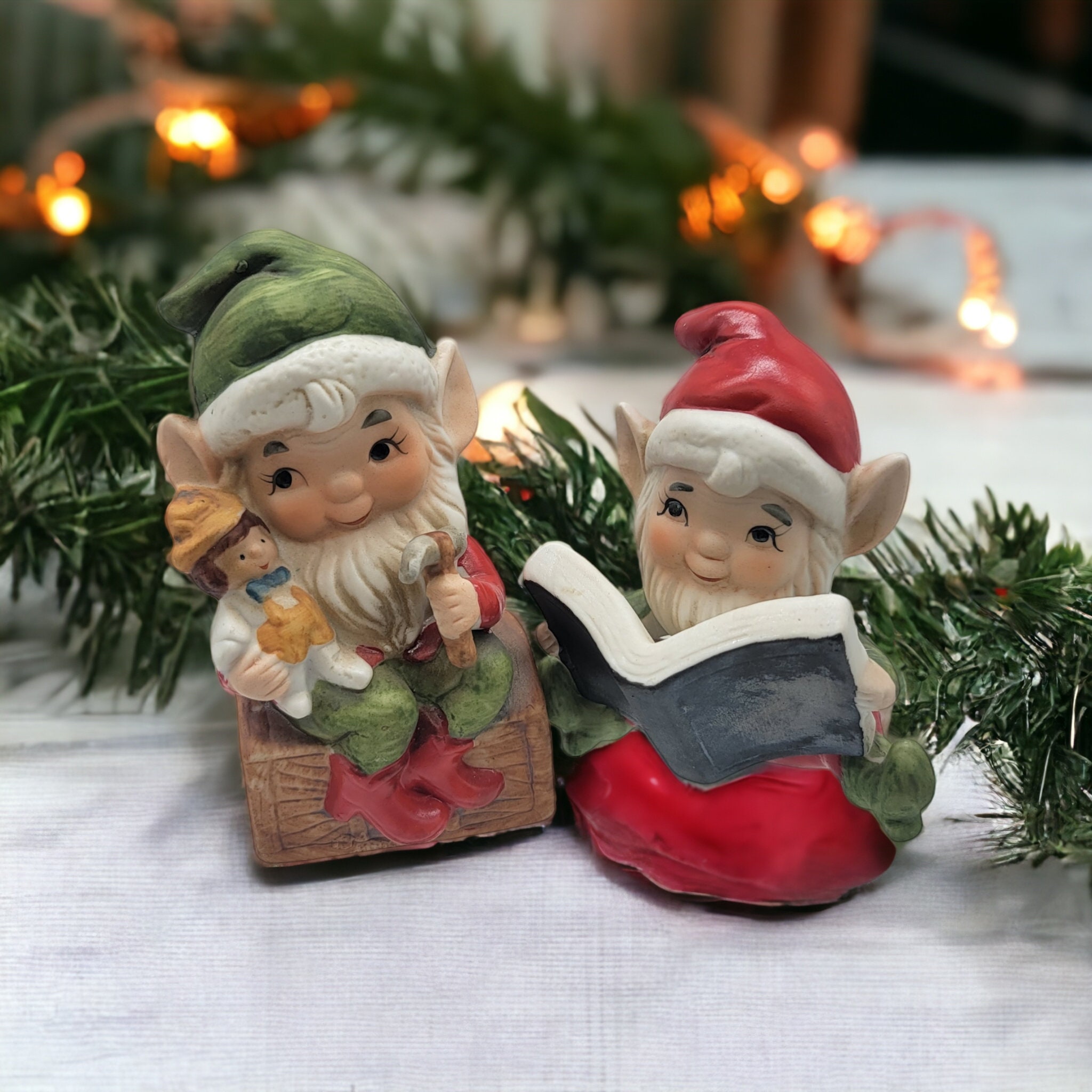 Elf Christmas Figurines. Set of Two Homko Hand Painted Porcelain