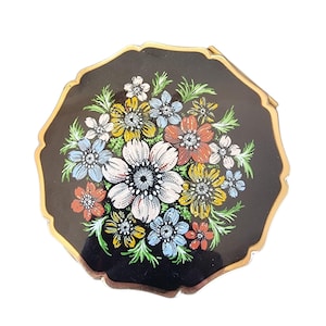 Vintage Stratton Black Enamel Floral Gold Tone Compact Mirror Powder Case