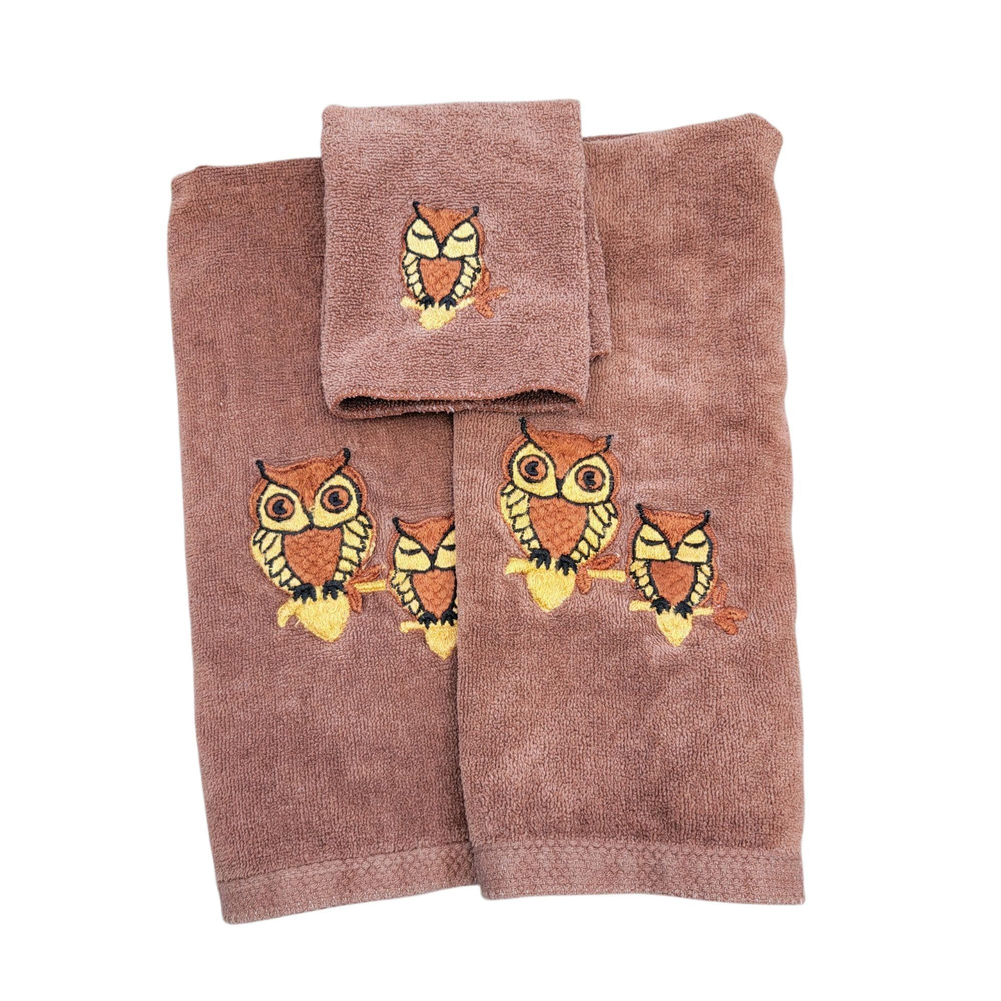 70's Brown Owls Embroidered Towel Set By Martex 2 Hand Towels 1 Washcloth MCM