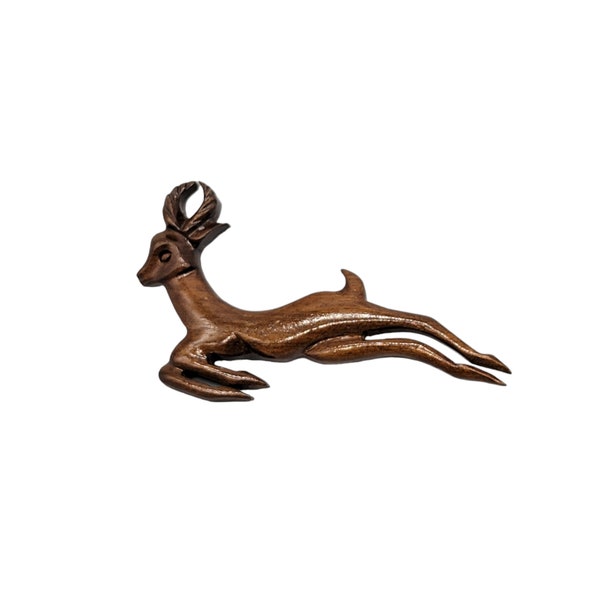 Carved Wood Leaping Deer MCM Artisan Brooch