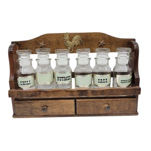 Vintage Two Drawer Wooden Spice Rack Apothecary Jars Rooster Embellishment READ