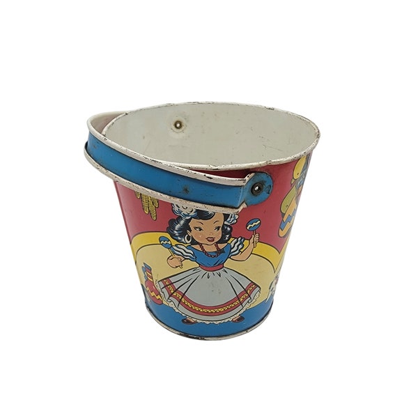 Vintage 1930's Ohio Art Tin Litho Sand Pail Featuring Hispanic Boy Girl Musicians