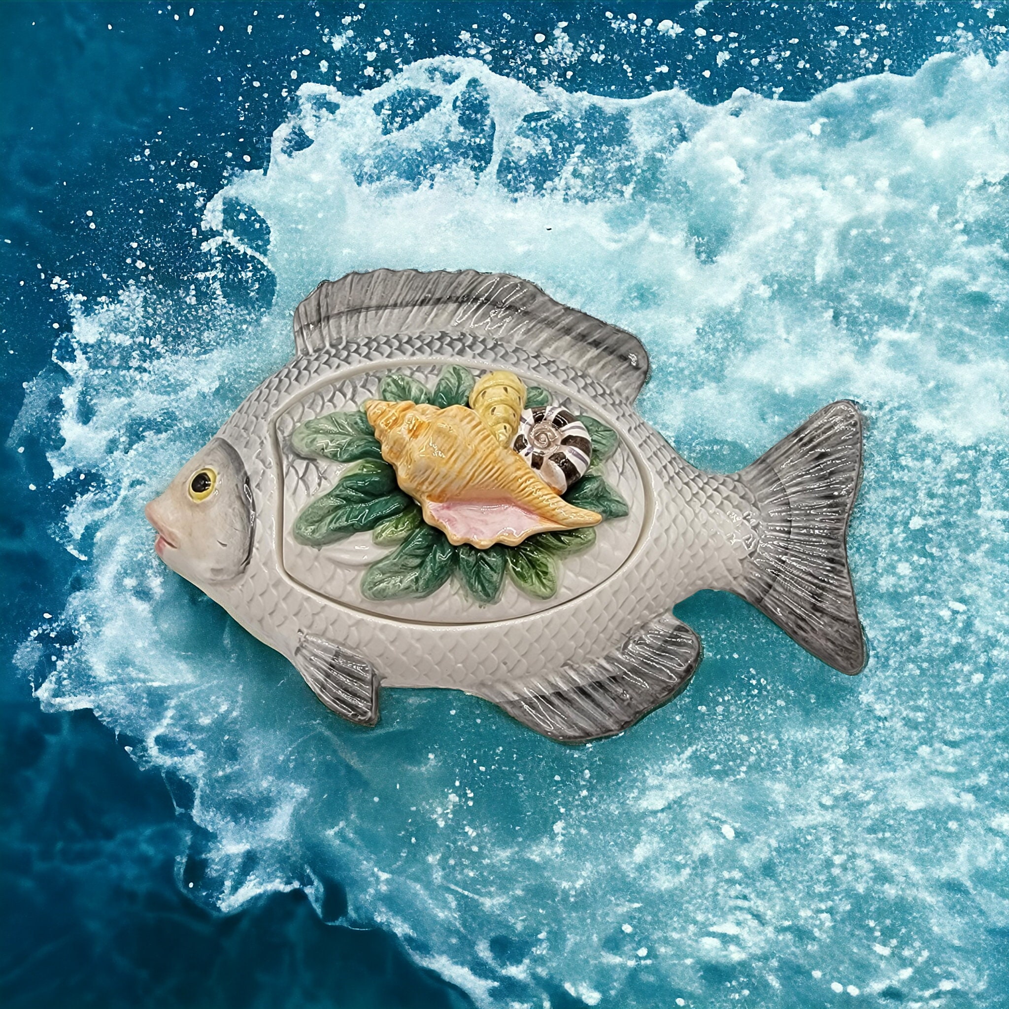 Fitz and Floyd Fish Market Majolica Style Trinket Candy Box
