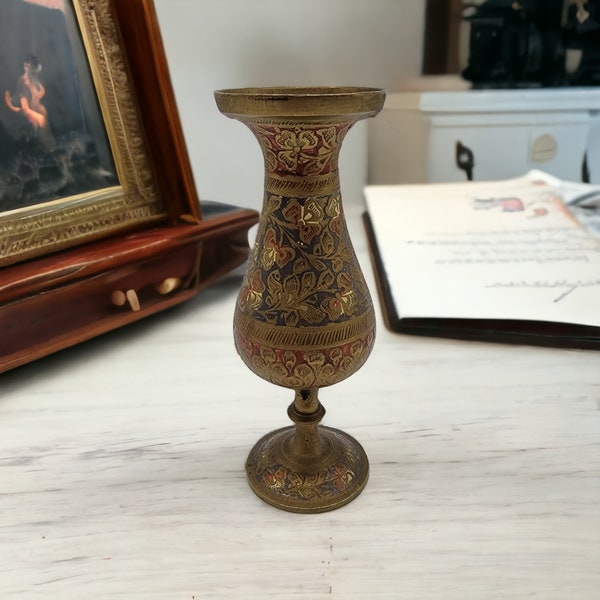 Vintage Indian Brass Etched Floral Vase With Black Red Enamel Accents