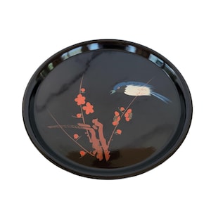Vintage Black Lacquered Tray With Bird & Floral Design Japanese-Inspired Artwork