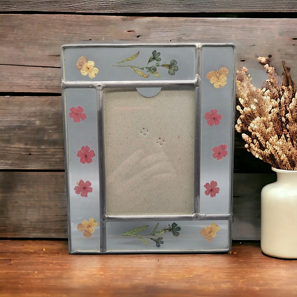 Leaded Glass Pressed Dried Flowers Photo Tabletop Picture Frame Boho Vintage