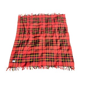 Vintage Faribo Fluff-Loomed Tartan Wool Throw Red/Black 55&quot;x51&quot; Fringed Edge