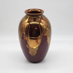 "Bruz Fairman ""Signed Pottery"" Kupfer Gold Drip Glasur Kastanienbraun Vase."