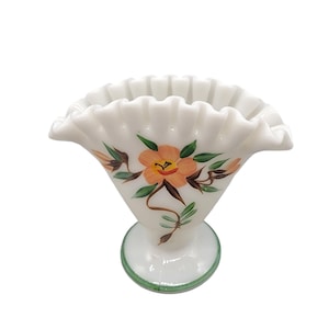 Vintage Fenton Milk Glass Fan Vase Hand-Painted Peach Flowers Crimped Edge