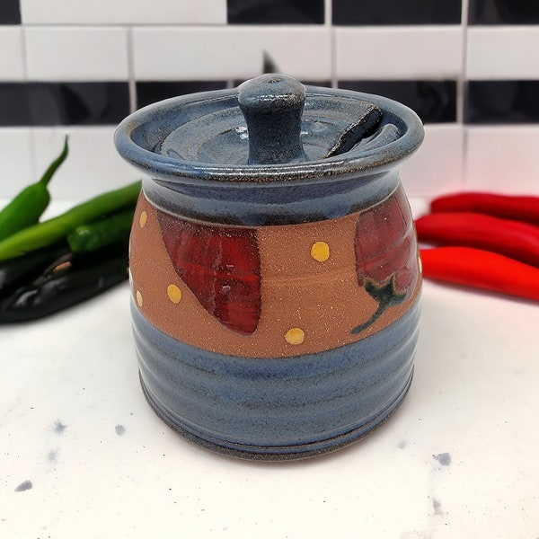Signed Blue Chili Pepper Art Pottery Redware Salsa Condiment Jar No Spoon