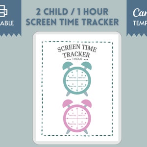 May include: A printable screen time tracker for two children, featuring two alarm clocks with a 1-hour timer. Each clock is divided into 15-minute increments. The clocks are in teal and pink.