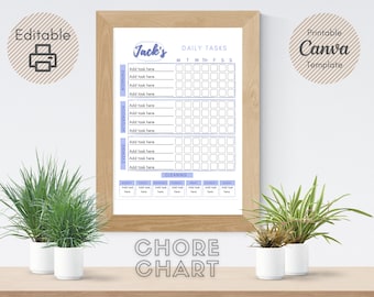 Puede incluir: Una plantilla de tabla de tareas domésticas imprimible para niños. La tabla se titula "Las tareas diarias de Jack" e incluye secciones para la mañana, la tarde, la noche y la limpieza. La tabla tiene un esquema de color azul y blanco.