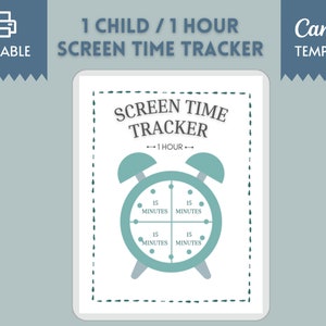 May include: A printable screen time tracker for children, featuring a blue alarm clock with a white face divided into four 15-minute sections. The text "SCREEN TIME TRACKER" and "1 HOUR" is printed above the clock.