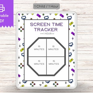May include: Printable screen time tracker for one child, divided into four 15-minute sections. The tracker is decorated with colourful icons of video game controllers, computers, and wifi symbols.