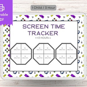 May include: Printable screen time tracker for one child, with a 3-hour limit. The tracker is divided into 16-minute intervals, with a colorful design featuring video game controllers and other tech-related icons.